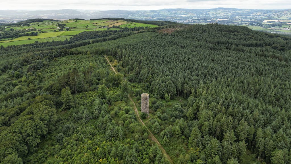 Drone aerial photo of lush green forest and countryside in Ireland with tower.