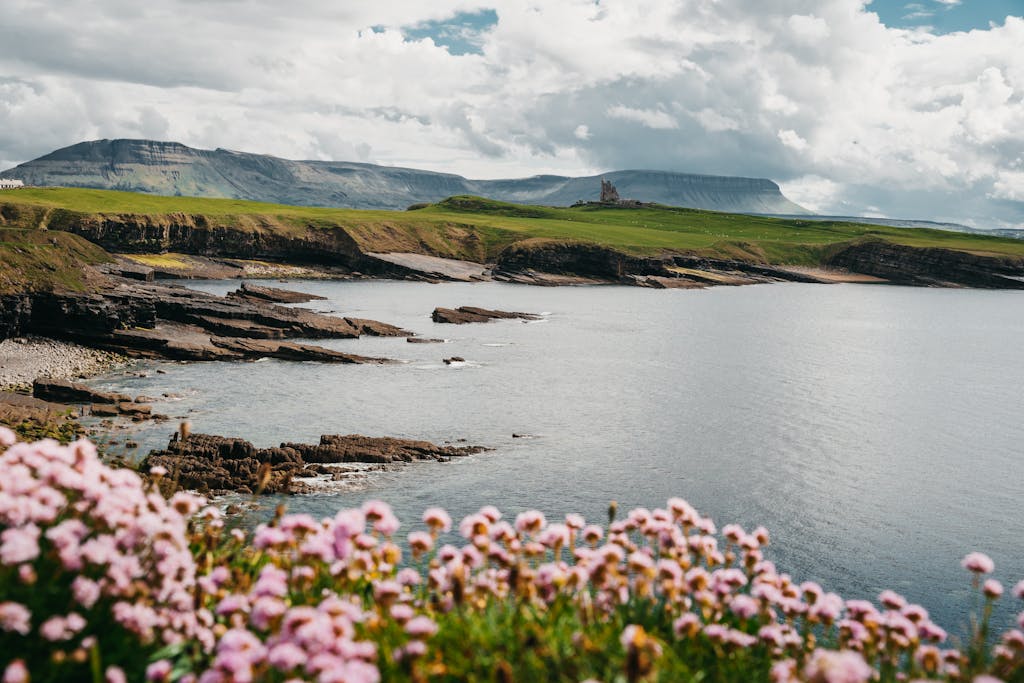Beautiful view of Classiebawn Castle on the Sligo coastline with flowers in the foreground.
